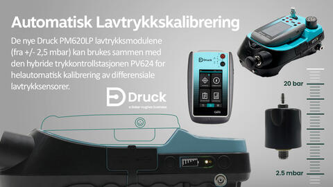 De nye Druck PM620LP lavtrykksmodulene (fra +/- 2,5 mbar) kan brukes sammen med den hybride trykkontrollstasjonen PV624 for helautomatisk kalibrering av differensiale lavtrykksensorer.

